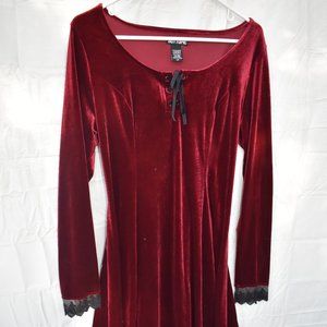 Maroon velvet dress with corset tie back and lace